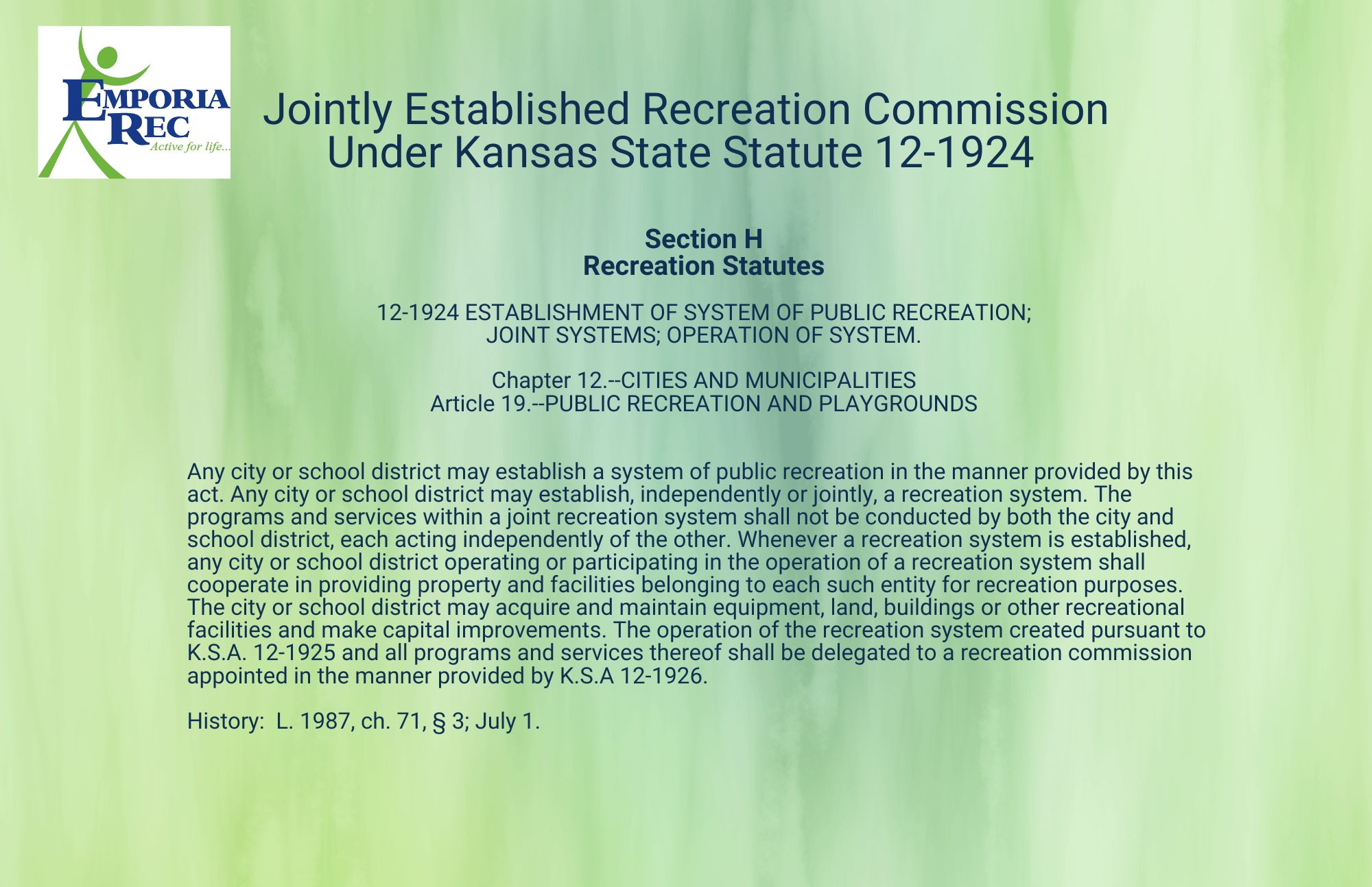 Kansas State Statutes that govern Recreation Commission