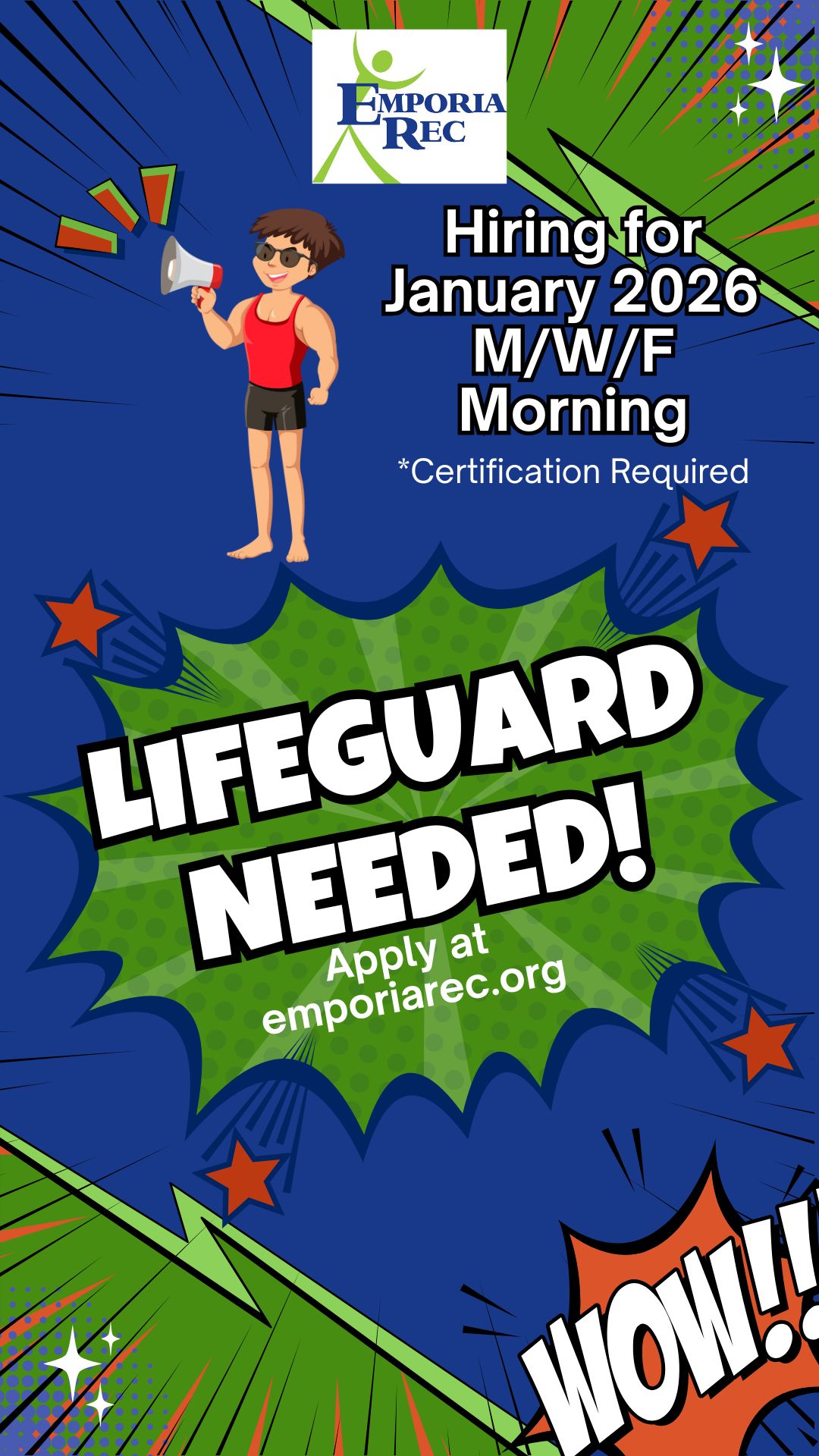 Employment for Certified Lifeguard at the ERC for January 2026